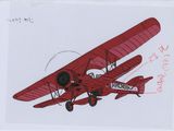 un dessin représentant un biplan rouge volant dans le ciel