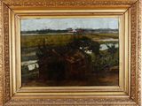 une peinture à l'huile représentant une scène de vie à la ferme avec un cheval et une calèche