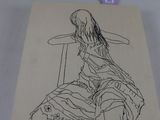 un dessin représentant une femme assise sur une chaise