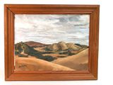 une peinture à l'huile représentant un paysage avec des collines et des arbres