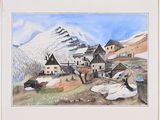 a picture of a painting of a village with a mountain in the background