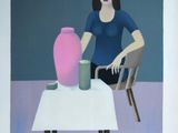 a painting of a woman sitting at a table with a vase on it