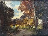 painting of a man walking down a dirt road in a wooded area