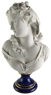 an image of a white bust of a woman on a blue pedestal