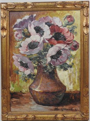 tableau représentant des anémones dans un vase posé sur une table, dans un cadre doré