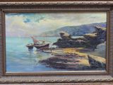 a picture of a painting of a boat on the water