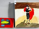 un tableau représentant une femme tenant un parapluie rouge, à côté d'un tableau représentant un oiseau