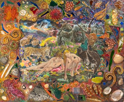 an image of a painting of a woman laying on a bed of shells