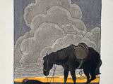 painting of a horse with a saddle standing next to a dead horse