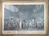 an old picture of a large crowd of people standing in front of a stage
