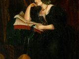 painting of a woman sitting in a chair reading a book and holding a glass of wine