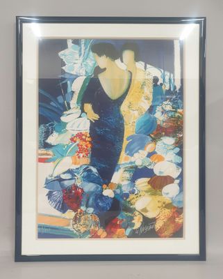 painting of a woman in a blue dress in a room