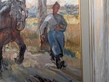 a painting of a man riding a horse next to a tree