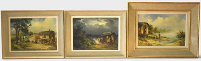 three paintings of a mountain scene with a river in the foreground and trees in the foreground