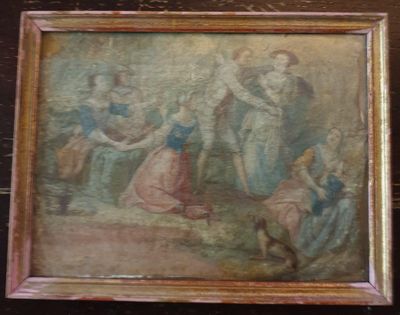 une vieille photo représentant un tableau où l'on voit un homme et une femme dans une pièce