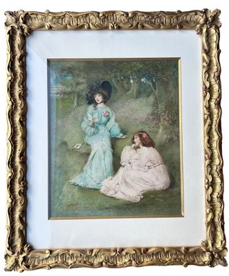 une image représentant un tableau où l'on voit deux femmes assises dans l'herbe