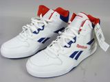 white sneakers with blue and red trims are on a white surface