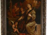 un vieux tableau représentant une femme tenant un bébé dans une pièce
