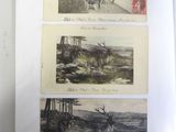 three old postcards of animals and people on a dirt road