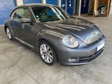 a grey volkswagen beetle parked in a garage next to a blue garage door