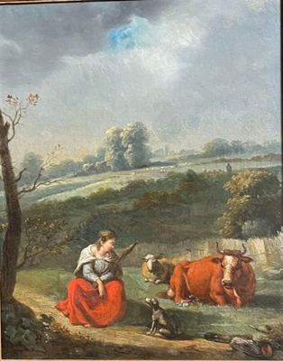 un tableau représentant une femme et deux vaches dans un champ
