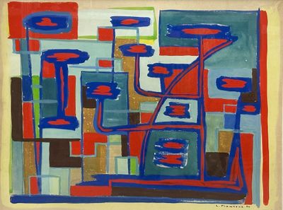 peinture représentant une œuvre abstraite rouge et bleue sur fond blanc