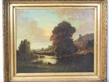 une peinture à l'huile représentant un paysage avec une rivière au premier plan