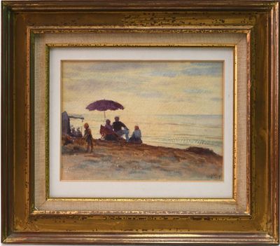 tableau représentant des personnes assises sous un parasol sur la plage