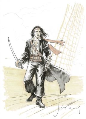 dessin représentant un homme en costume de pirate tenant une épée
