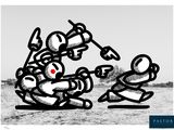 a black and white drawing of a group of people playing baseball