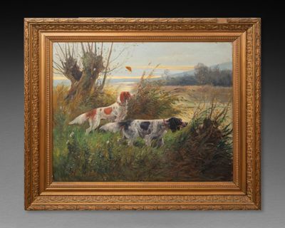 Eugène PETIT (1839-1886). Chiens de chasse devant l'étang - Photo 1