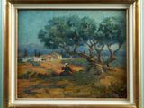 a painting of a landscape with a tree and a house in the distance