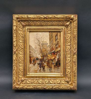 a painting of a street scene with a horse drawn carriage