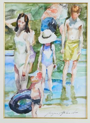 painting of a group of people standing on a beach next to a body of water
