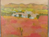 une peinture à l'huile représentant une maison dans un champ, avec un cactus au premier plan