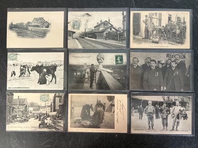 several old black and white photographs of men and women on a train track