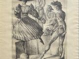 un vieux dessin représentant un couple en train de danser, avec une balle devant eux