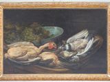 a painting of a still life with a bird and a bowl of fruit
