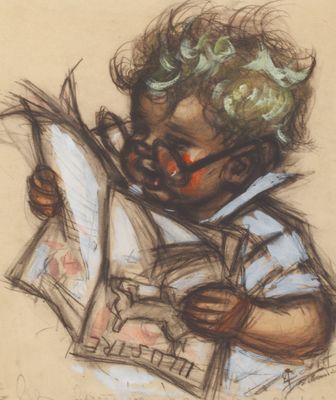 dessin représentant un enfant lisant un journal tout en portant des lunettes