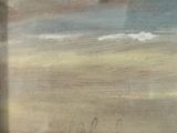 an image of a painting of a beach scene with mountains in the background