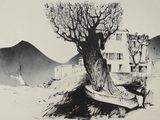 un dessin en noir et blanc représentant un arbre et un bateau