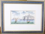 framed watercolor painting of a boat in the water with a castle in the background