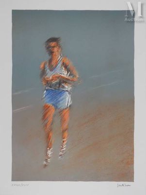 painting of a woman running on the beach with a tennis racket