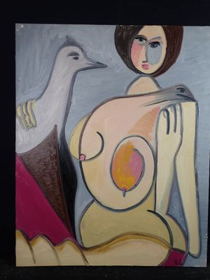 painting of a woman with a bird on her shoulder and a dove on her shoulder