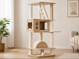 a cat tree with a cat house on top of it