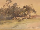 a painting of a herd of sheep grazing in a field