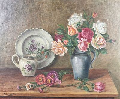 a painting of flowers in a vase and a plate on a table