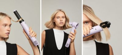 deux photos d'une femme en train de se sécher les cheveux avec un sèche-cheveux