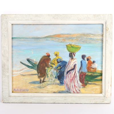 une peinture représentant un groupe de personnes sur la plage