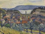 tableau représentant une vue d'une ville avec un lac au loin